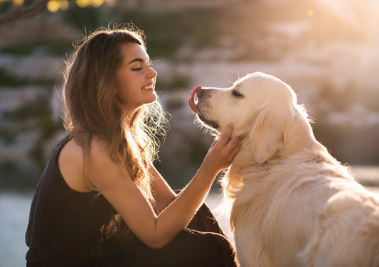 woman with her dog playing outdoors