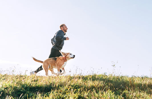 a man and his dog running together